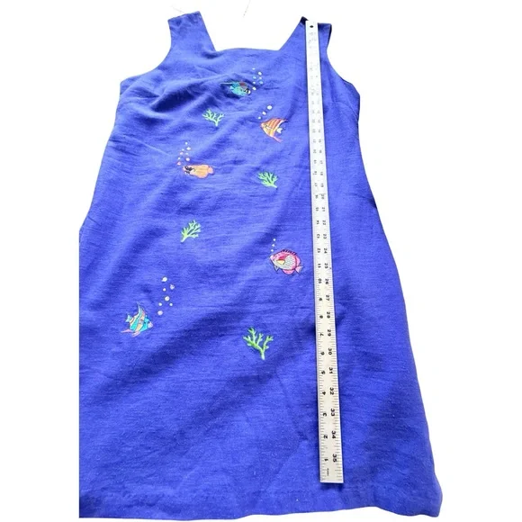 Cobalt Blue Linen Blend Fish Embroidered Shift Dress Coastal 16P - Picture 7 of 11